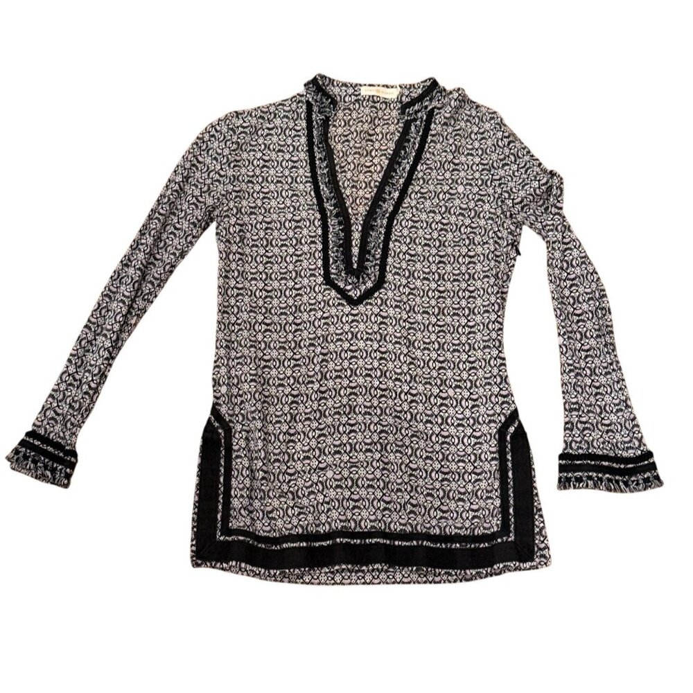 Tory Burch Geometric Print Cotton Tunic Top‎ Black Lavender V-Neck Size 2
